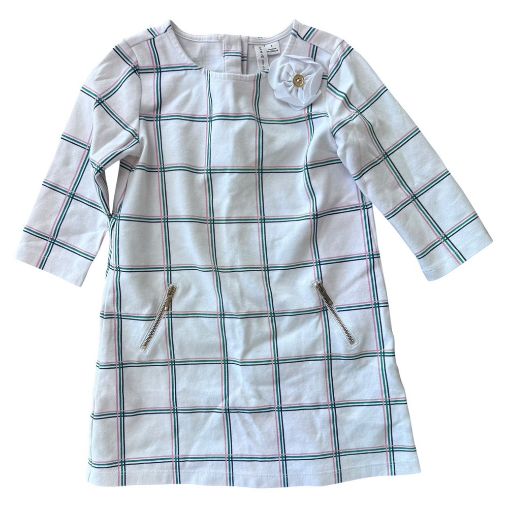 Janie and Jack Windowpane Girls size 5 Dress 3/4 Sleeves Rosette Pink/Green/Blue